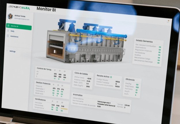 Monitor BI: furnace dashboard with a 3D model and temperature, power and efficiency KPIs